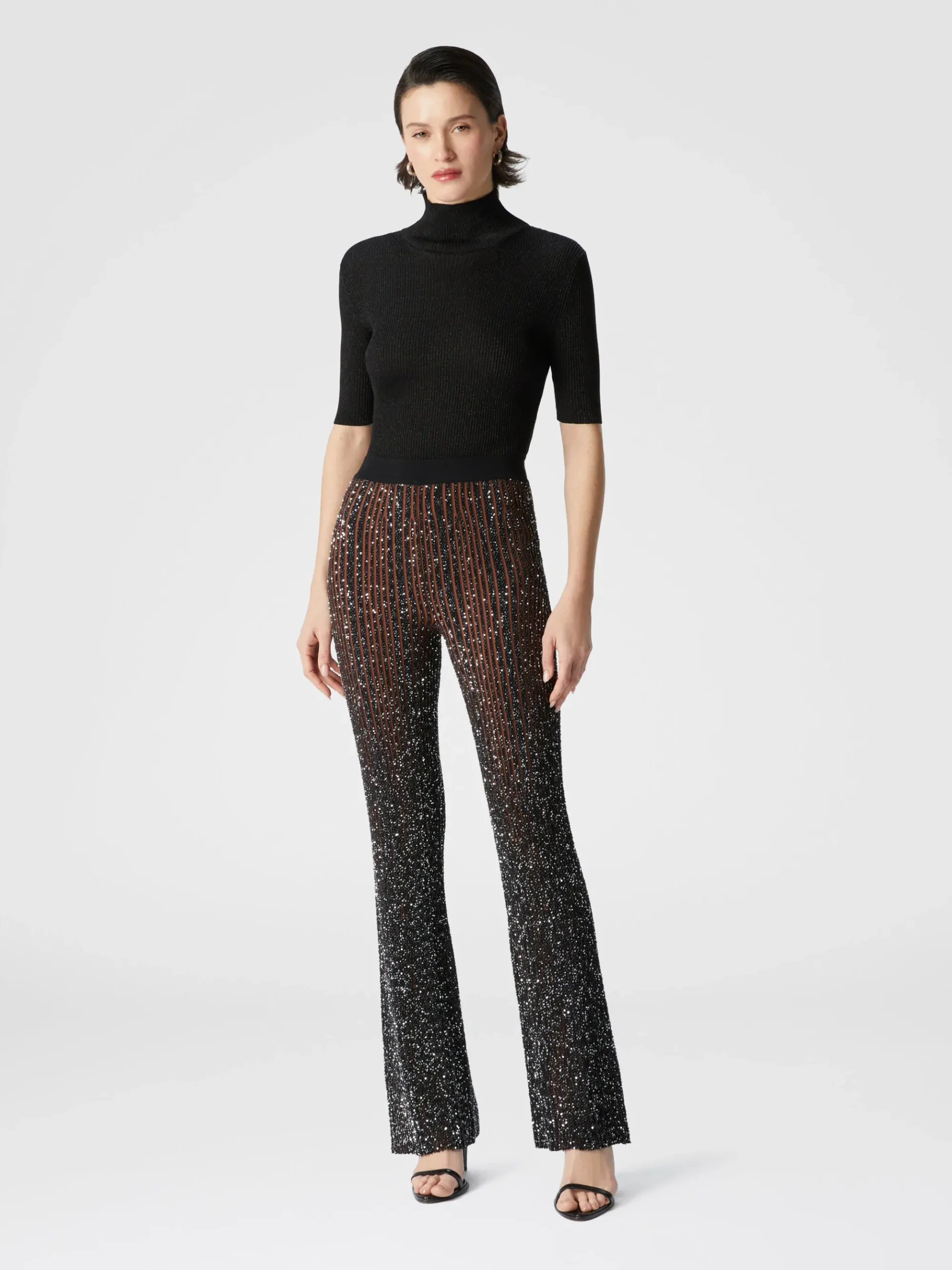 Pantalon évasé stretch côtelé à sequins