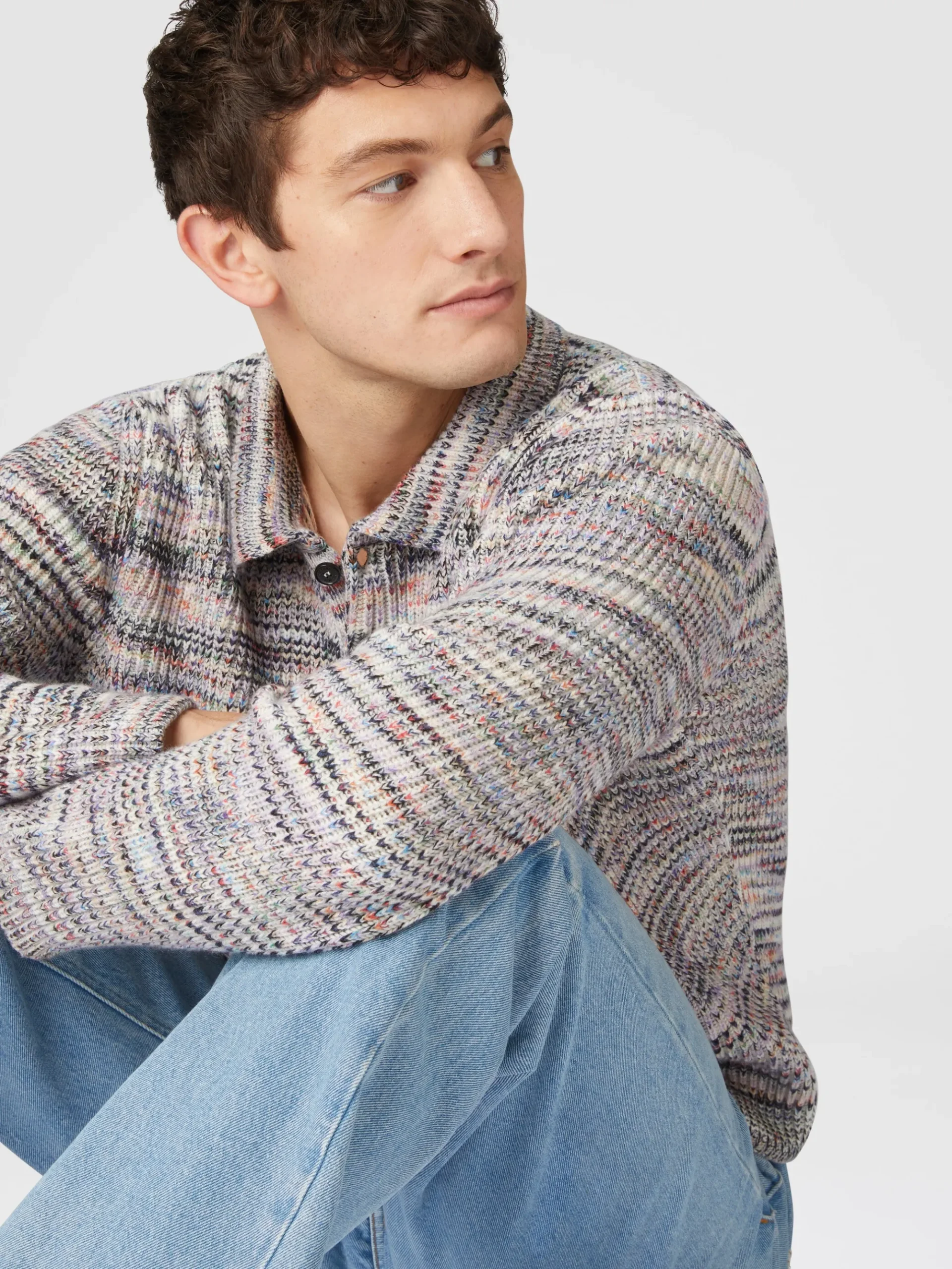 Polo à manches longues en cachemire et laine à motif flammé