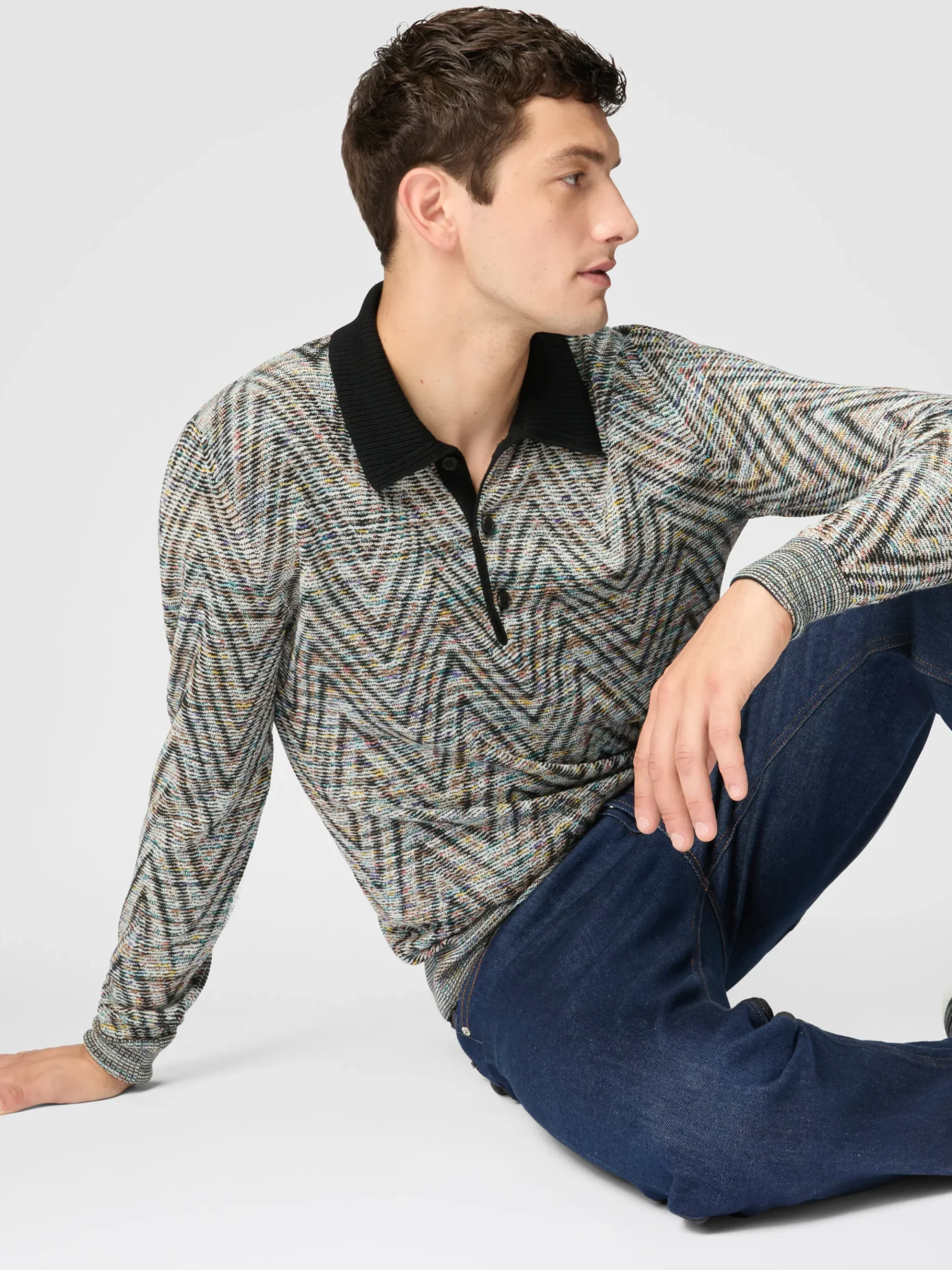 Polo à manches longues en laine à motif flammé