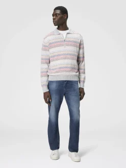 Polo à manches longues en maille zig zag avec col demi-zippé