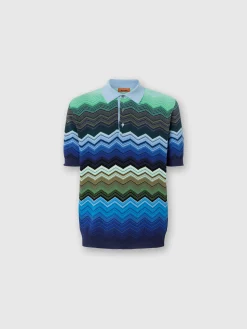Polo en maille de coton zig zag avec passepoil contrasté