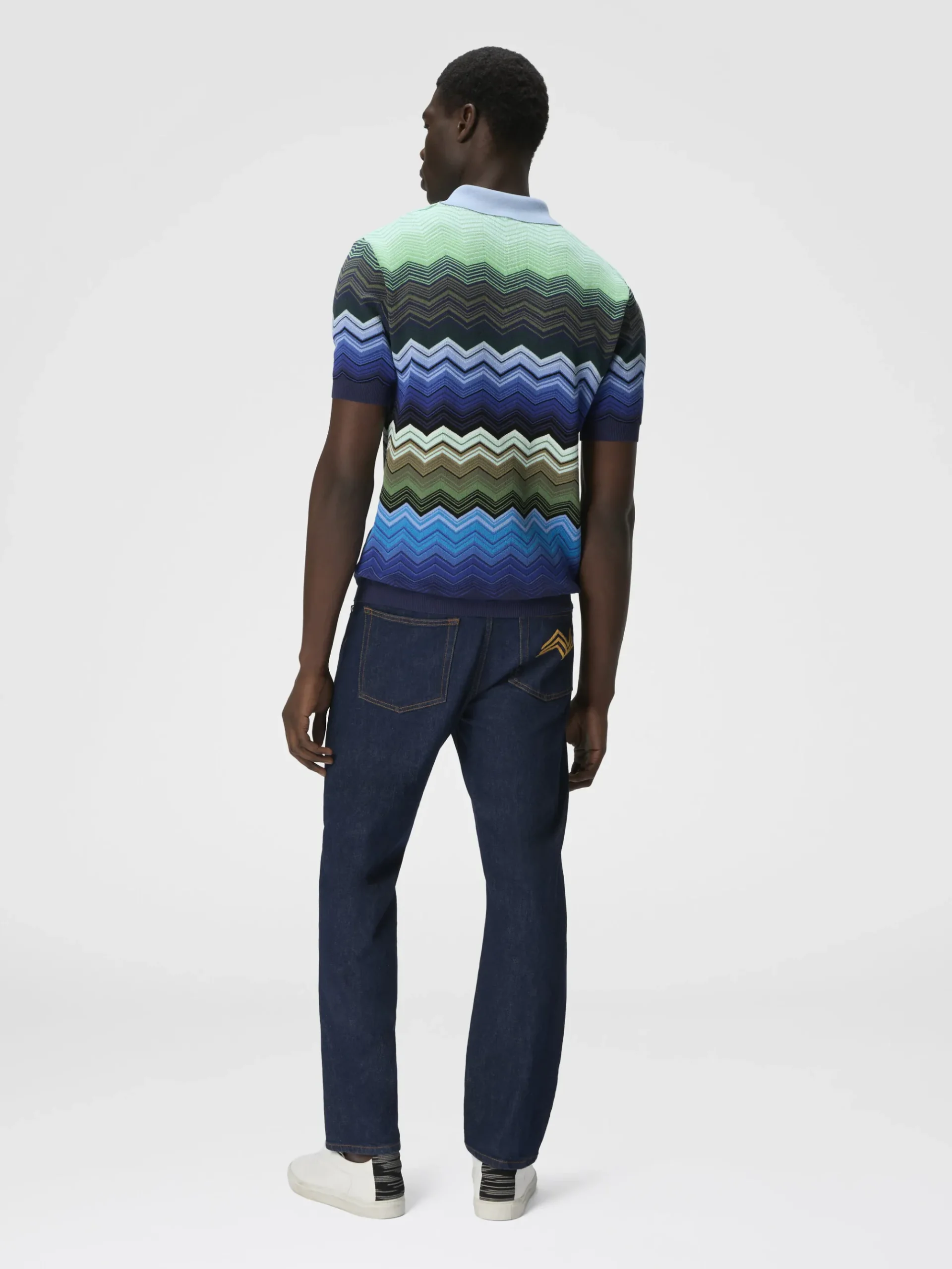 Polo en maille de coton zig zag avec passepoil contrasté