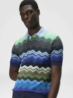 Polo en maille de coton zig zag avec passepoil contrasté