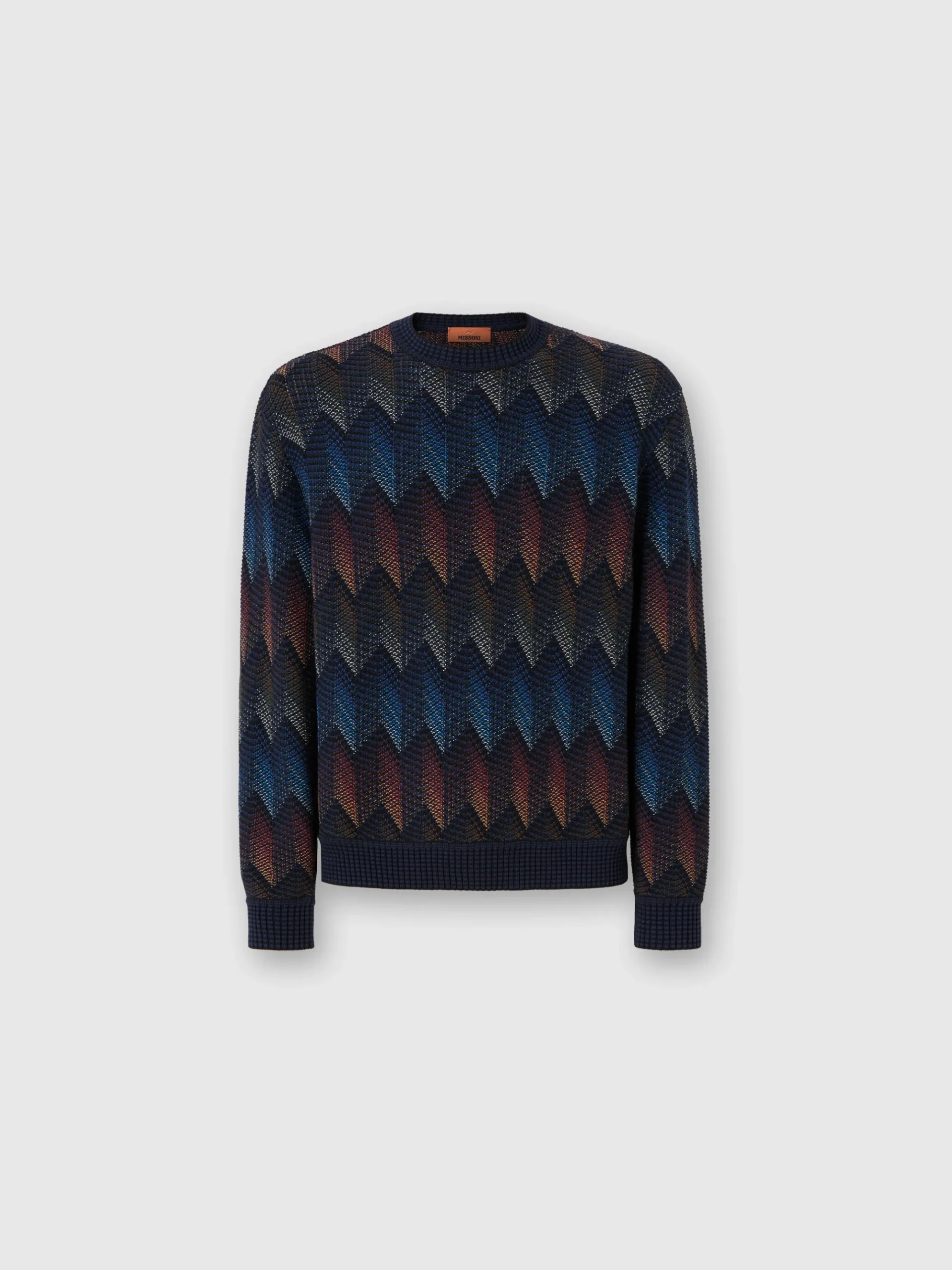 Pull à col rond en coton mélangé dégradé à chevrons avec passepoil contrasté