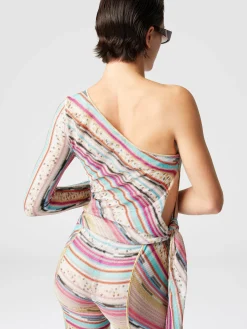 Pull asymétrique noué sur le côté en viscose lamée flammée