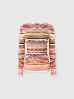 Pull côtelé rayé en coton et viscose à manches longues