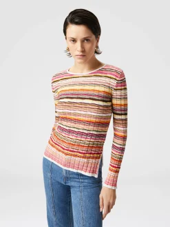 Pull côtelé rayé en coton et viscose à manches longues