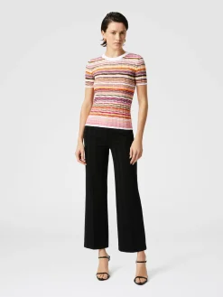 Pull côtelé rayé en coton et viscose à manches trois-quarts