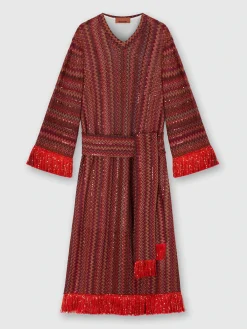 Robe caftan en viscose et lamé avec motif chevron et franges