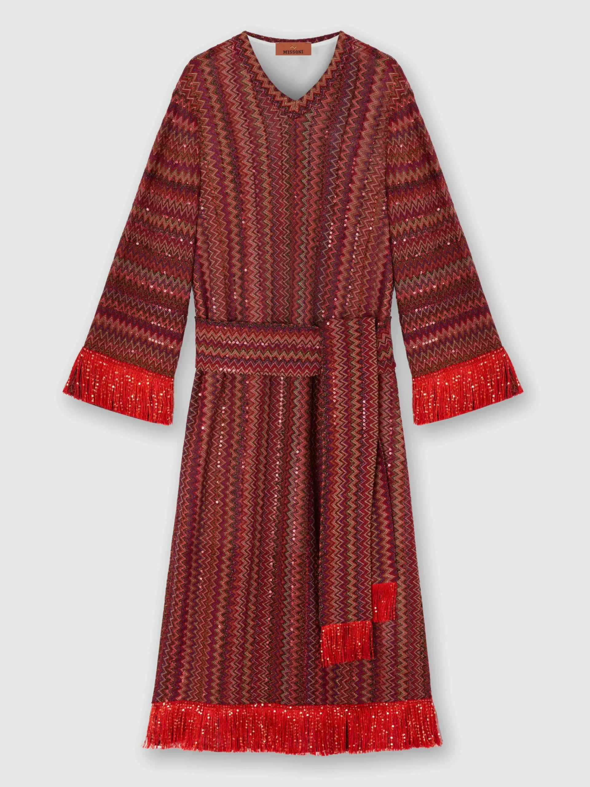 Robe caftan en viscose et lamé avec motif chevron et franges