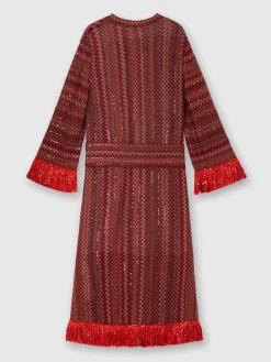 Robe caftan en viscose et lamé avec motif chevron et franges
