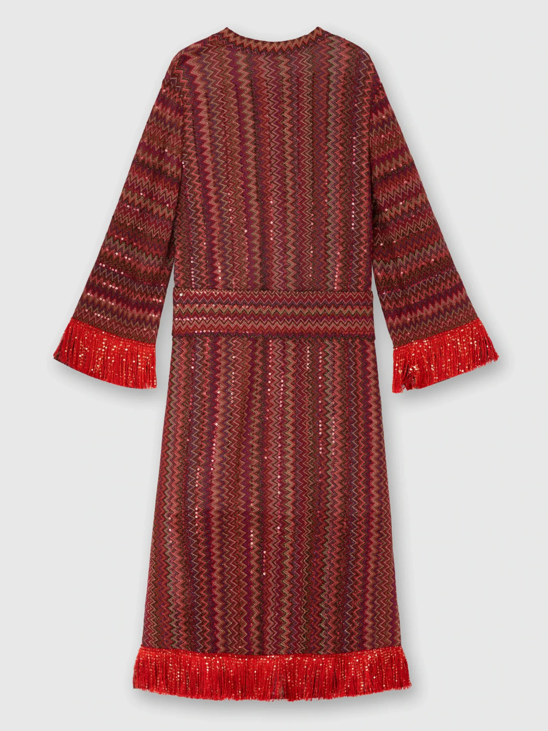 Robe caftan en viscose et lamé avec motif chevron et franges