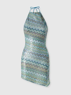 Robe courte asymétrique couvrante en viscose lamé zigzag à sequins