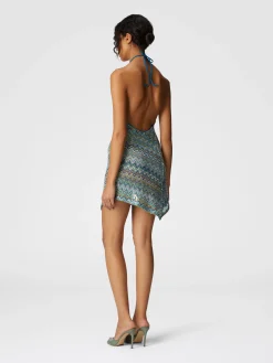 Robe courte asymétrique couvrante en viscose lamé zigzag à sequins