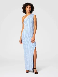 Robe longue à une épaule côtelée avec paillettes et fente