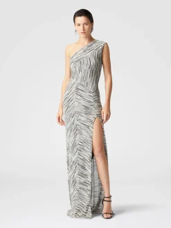 Robe longue asymétrique à motif lamé grec et fente