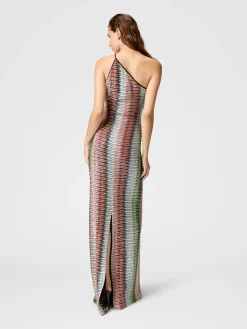 Robe longue asymétrique en maille zigzag dégradée à sequins