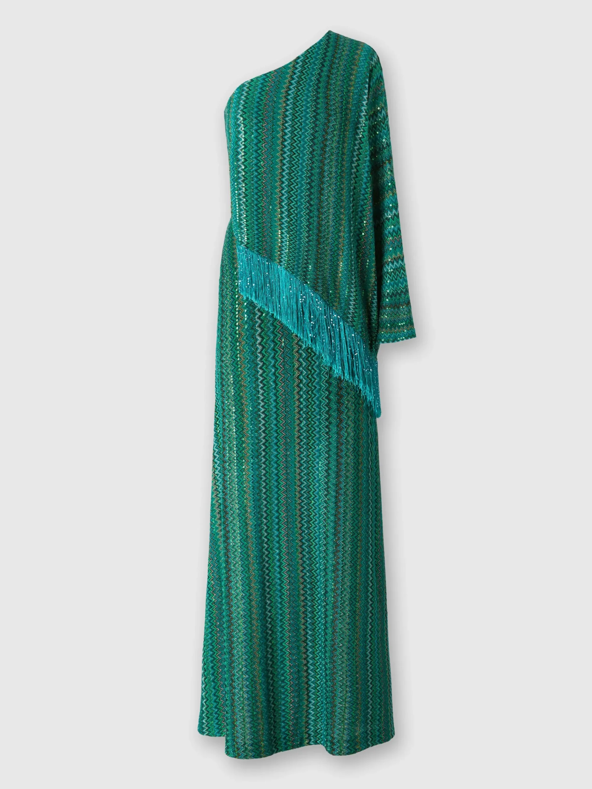 Robe longue asymétrique en zigzag avec paillettes et franges