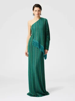 Robe longue asymétrique en zigzag avec paillettes et franges