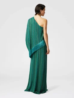 Robe longue asymétrique en zigzag avec paillettes et franges