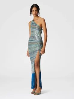 Robe longue couvrante asymétrique en viscose lamée zigzag avec paillettes et franges