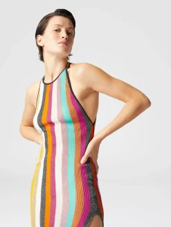 Robe longue en maille côtelée lamée rayée