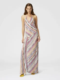 Robe longue en viscose lamée flammée avec fente