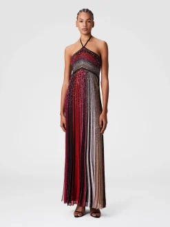 Robe longue rayée à sequins et fermeture au cou