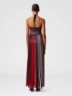 Robe longue rayée à sequins et fermeture au cou