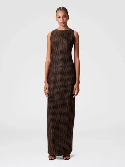 Robe longue sans manches en viscose lamée avec motif dentelle