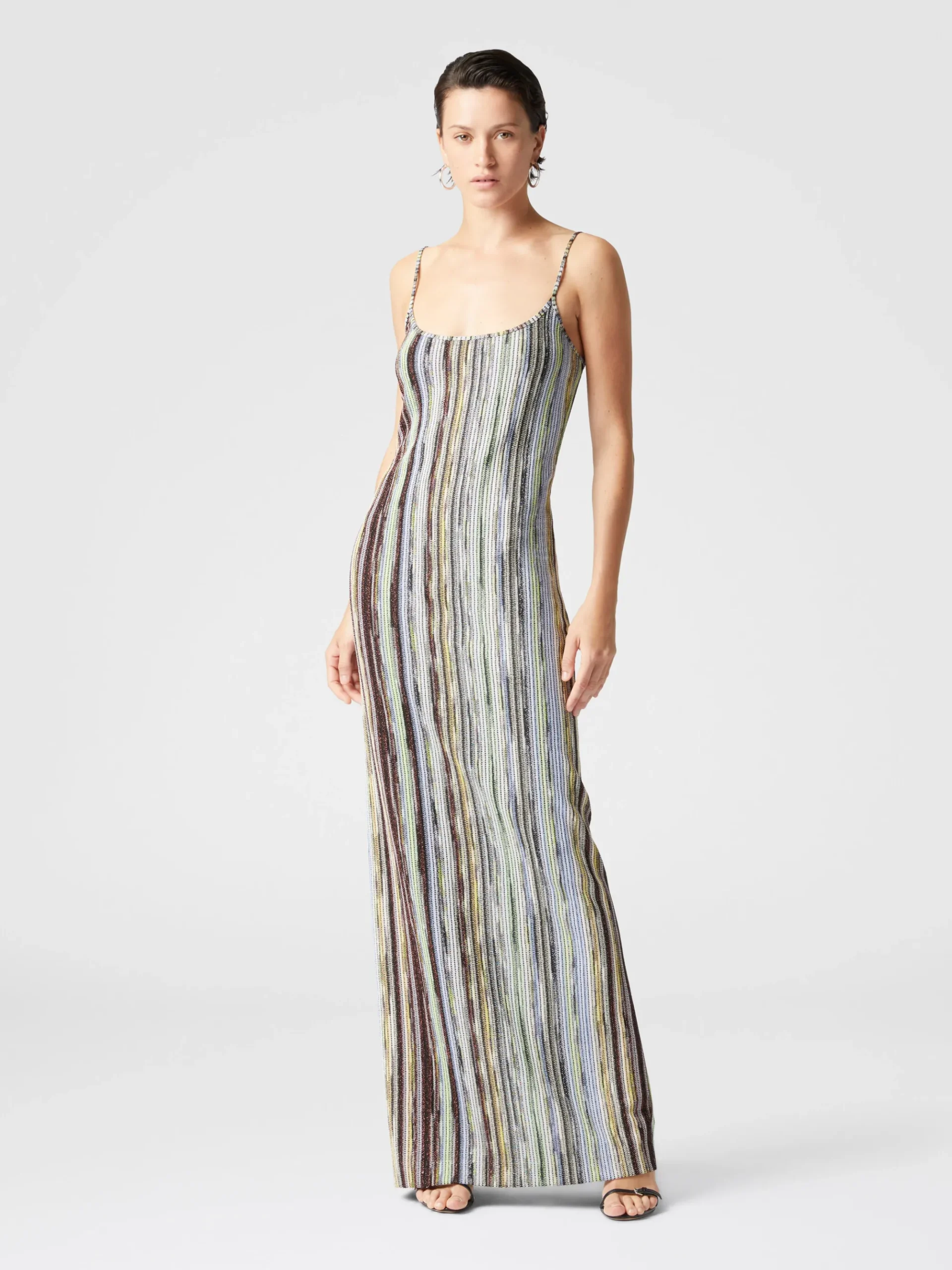 Robe longue sans manches en viscose lamée flammée rayée