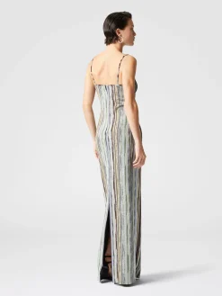 Robe longue sans manches en viscose lamée flammée rayée