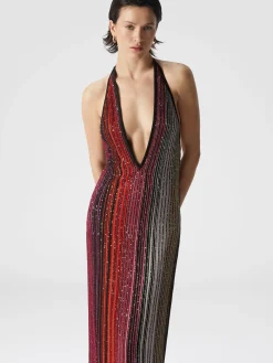 Robe midi partialisée rayée à sequins et col en V