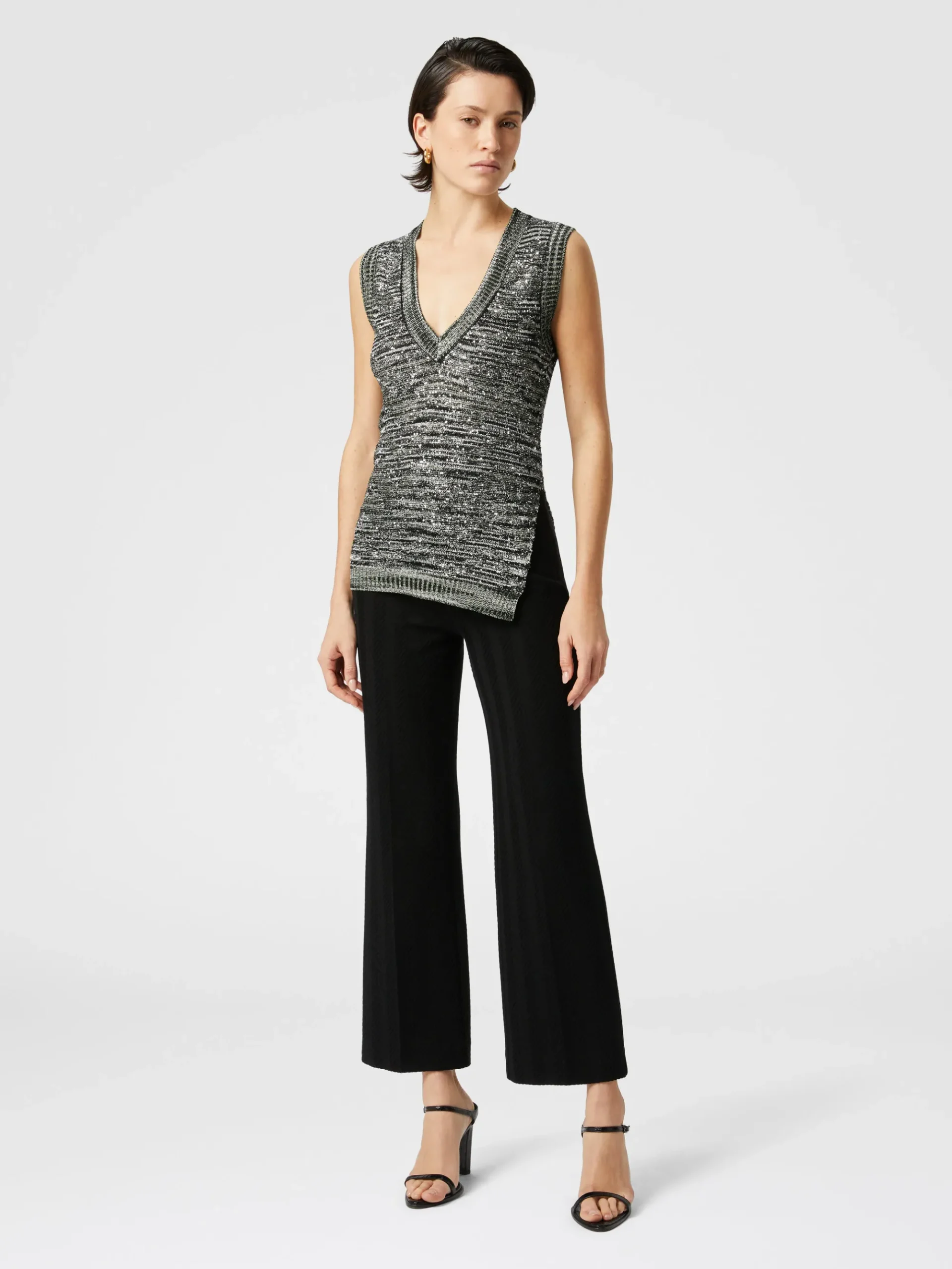 Top sans manches en maille flammée à sequins et col en V