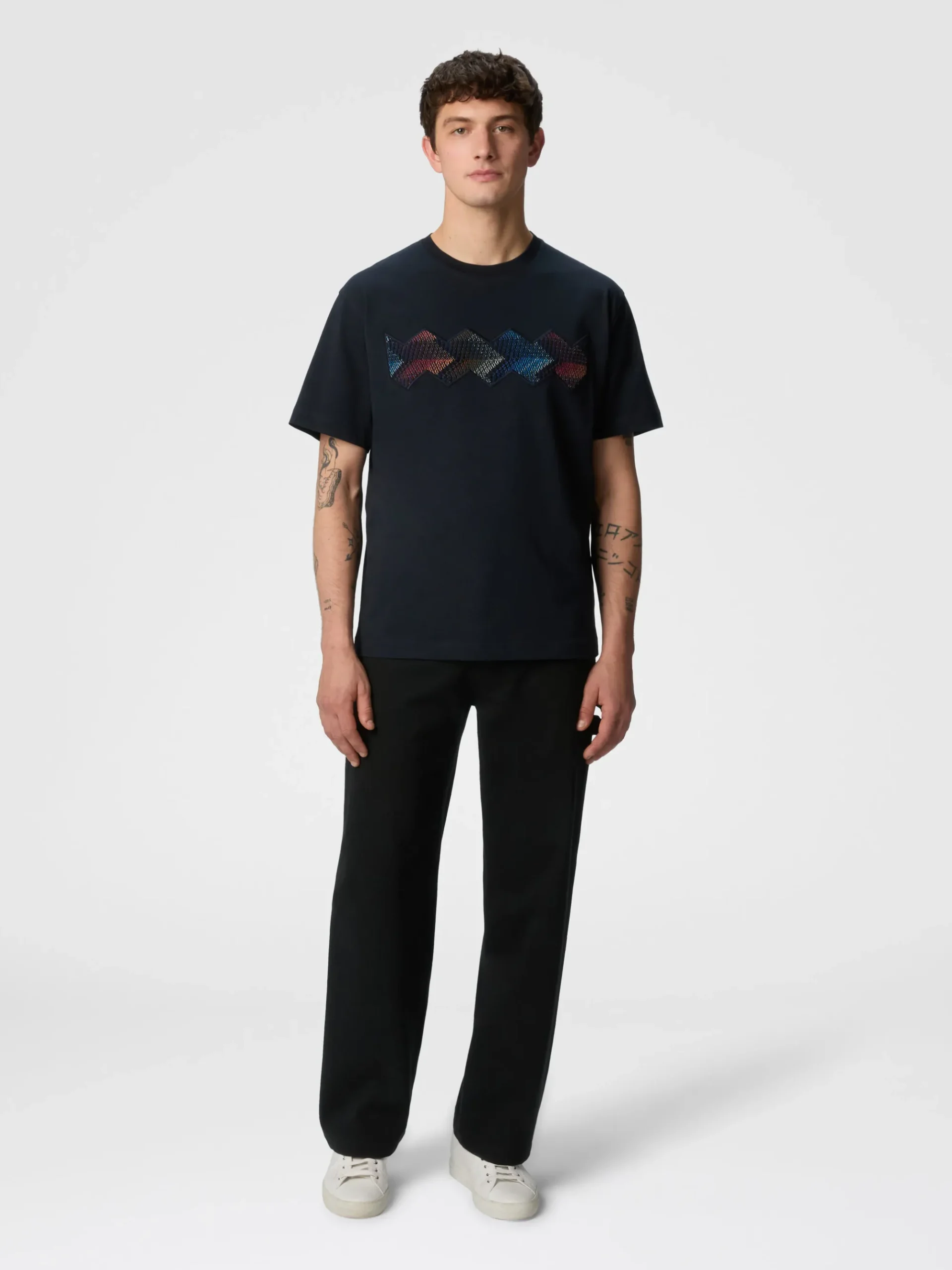 T-shirt à col rond en coton avec empiècement en zigzag dégradé