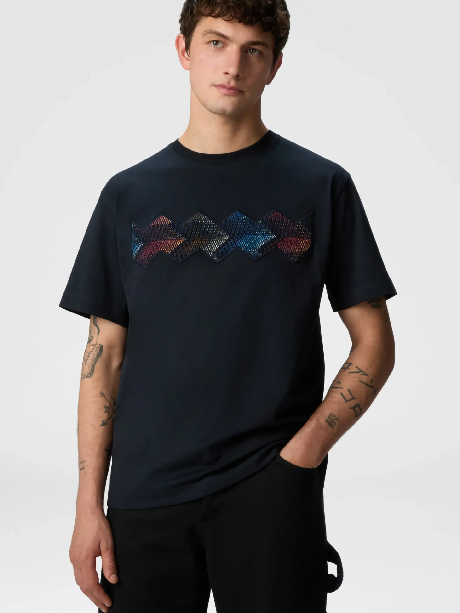 T-shirt à col rond en coton avec empiècement en zigzag dégradé