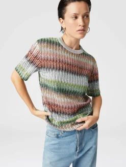 T-shirt à col rond en maille zigzag dégradée avec paillettes