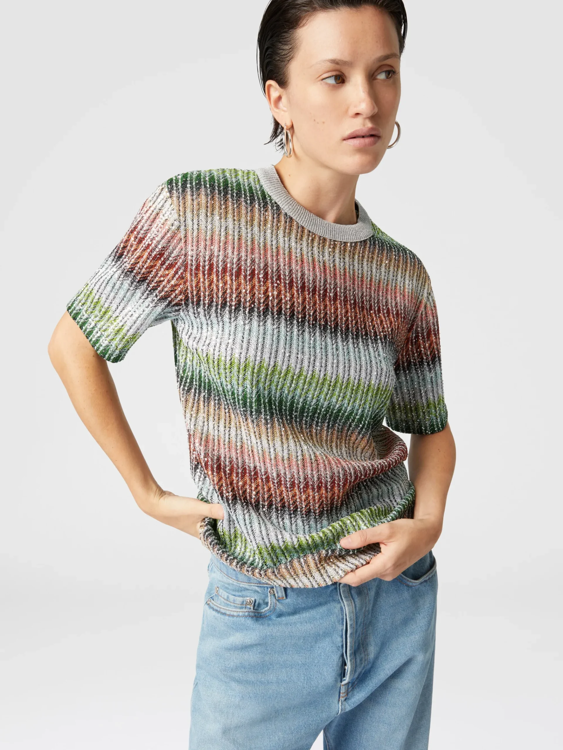 T-shirt à col rond en maille zigzag dégradée avec paillettes