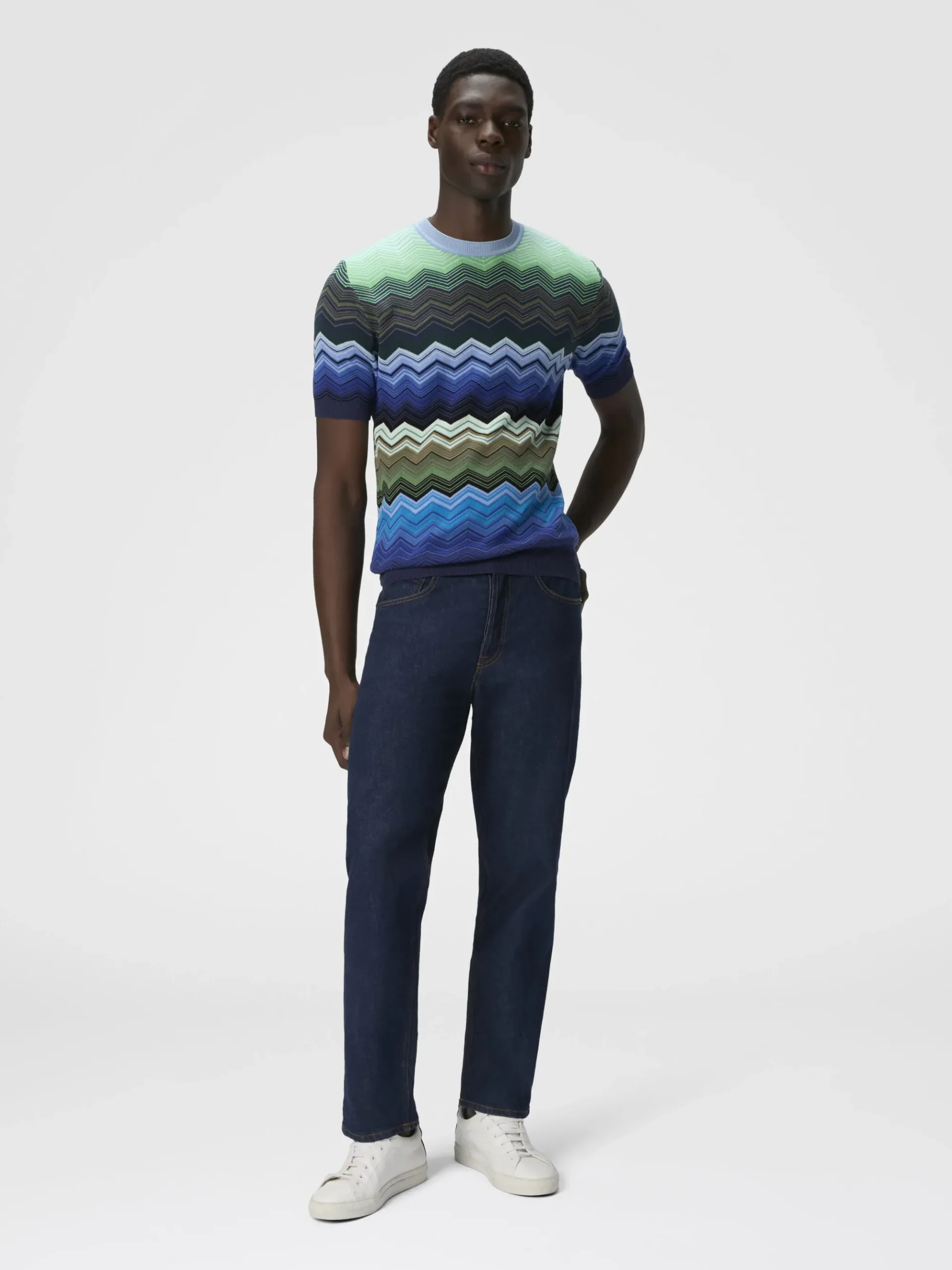 T-shirt à col rond en maille de coton zig zag avec passepoil contrasté