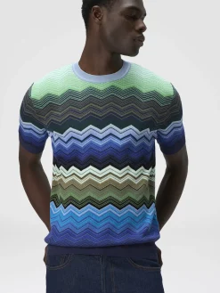 T-shirt à col rond en maille de coton zig zag avec passepoil contrasté